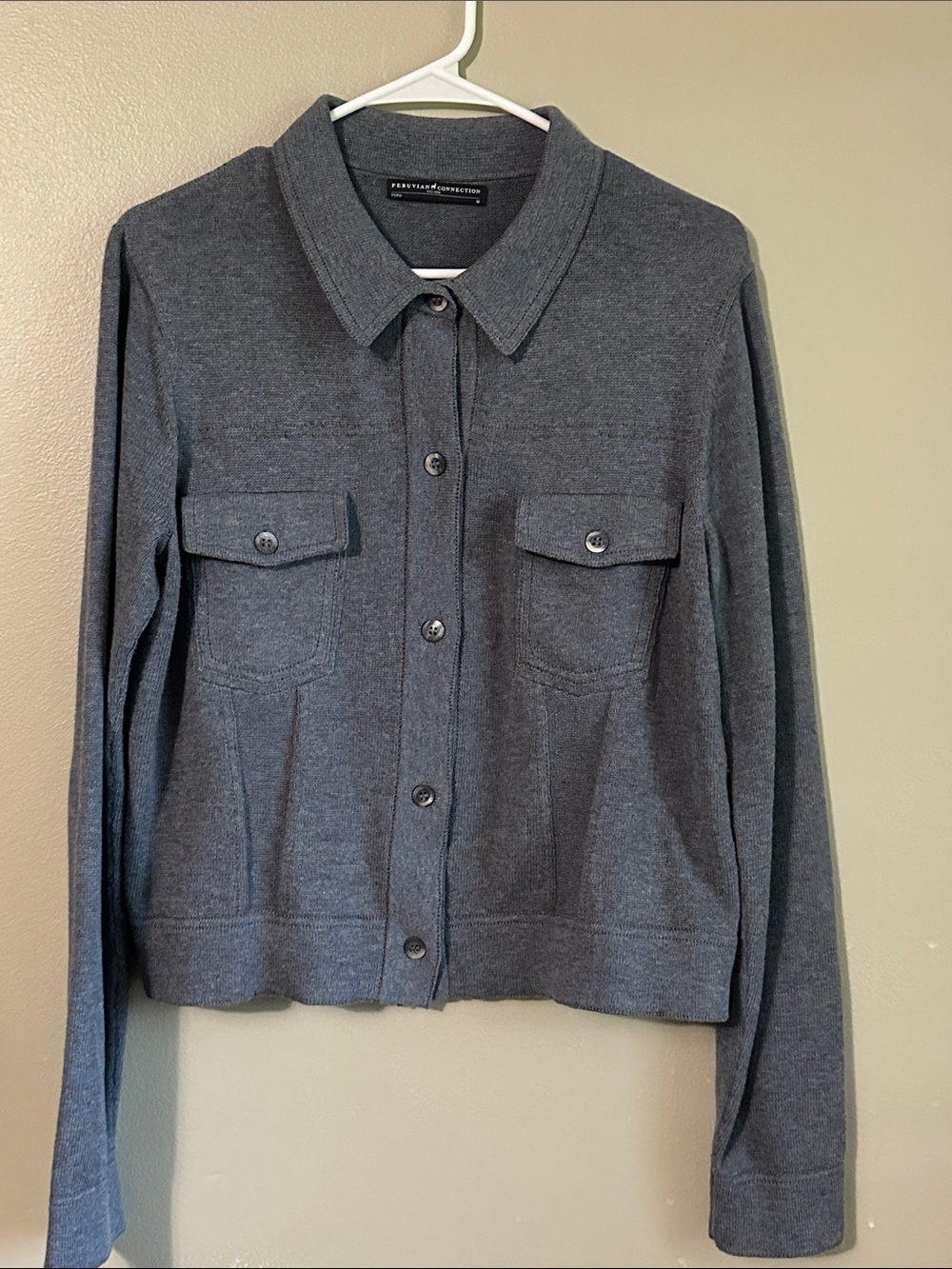 Peruvian Connection Charcoal Gray Button-Front Knit Jacket
